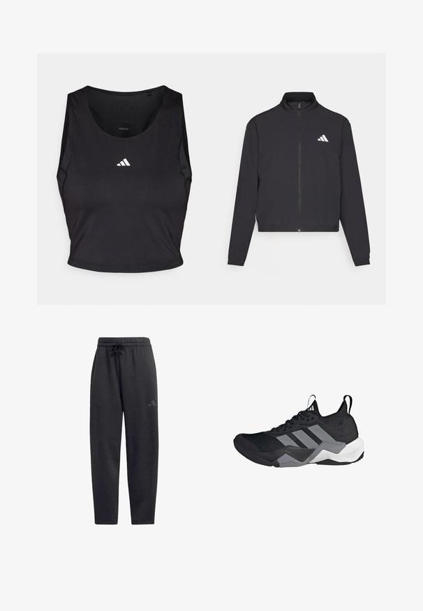adidas Performance TRAIN ESSENTIALS 3 STRIPES WARM UP - Giacca sportiva - black/white; Crop top sportivo nero realizzato in tessuto traspirante, con collo rotondo, senza maniche e logo bianco sul petto.; Pantaloni felpati neri realizzati in morbido tessuto, dotati di un elastico in vita con cordino, gambe dritte e un logo discreto sulla coscia.; Scarpa sportiva nera con una tomaia in mesh traspirante, dettagli grigi, suola texturizzata e tre strisce distintive di lato.