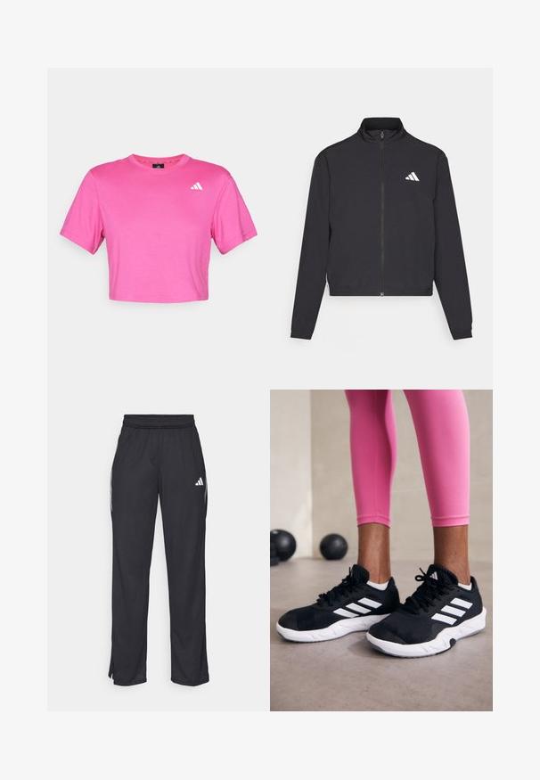 adidas Performance TRAIN ESSENTIALS 3 STRIPES WARM UP - Treniņjaka - black/white; Rozā īsā krekla blūze, kas izgatavota no mīksta kokvilnas. Tam ir īsas piedurknes un neliels balts logo uz kreisā krūšu daļas. Līdzena tekstūra un klasiskā griezuma.; Melnas sporta bikses, izgatavotas no viegla auduma, ar elastīgu jostu, baltām svītrām gar sāniem un logotipa apdari.; Melnas sporta kurpes ar baltām svītrām, teksturēta sieta augšdaļa un balta zole. Nēsātas ar rozā legingiem, demonstrējot treniņu apģērbu.