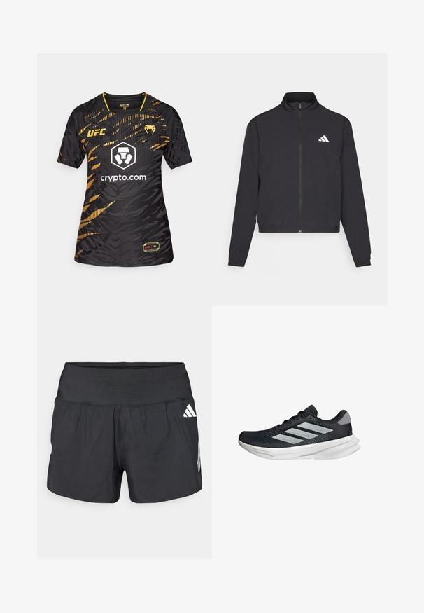 adidas Performance TRAIN ESSENTIALS 3 STRIPES WARM UP - Chaqueta de entrenamiento - black/white; Jersey de UFC en negro y dorado con un patrón abstracto texturizado, cuello redondo, mangas cortas y un logo central con "crypto.com" impreso.; Pantalones cortos deportivos negros con una amplia cintura elástica, tela ligera y detalles de logo blancos en el lateral inferior.; Zapatilla de correr negra con parte superior de malla, tres franjas plateadas, media suela blanca y suela texturizada. Incluye un cuello acolchado y cierre de cordones.