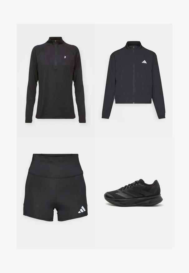adidas Performance TRAIN ESSENTIALS 3 STRIPES WARM UP - Training jacket - black/white; Black long-sleeve quarter-zip top with a smooth texture and fitted design. Features raglan sleeves and a small white logo on the chest.; adidas Performance Leggings - black; Black running shoe with a breathable mesh upper, rounded toe, sleek design, textured accents, and a cushioned sole for comfort.