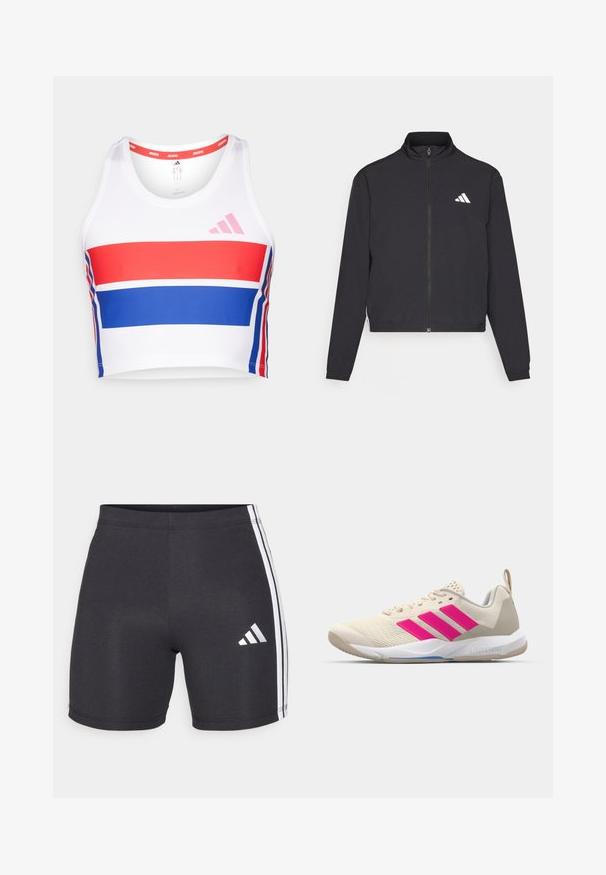 adidas Performance TRAIN ESSENTIALS 3 STRIPES WARM UP - Trainingsjacke - black/white; Verkürztes Sporttanktop in Weiß mit roten und blauen horizontalen Streifen. Verfügt über ein pinkes adidas-Logo, einen runden Ausschnitt und eine glatte Stofftextur.; Schwarze sportliche Shorts aus dehnbarem Material, mit weißen Seitestreifen und einem Adidas-Logo am unteren rechten Bein. Glatte Textur.; Beige Sportsschuh mit pinkem Dreistreifen-Logo, strukturiertem Mesh-Obermaterial, gepolstertem Schaft und weißer Gummisohle, mit "LIGHTSTRIKE"-Branding.