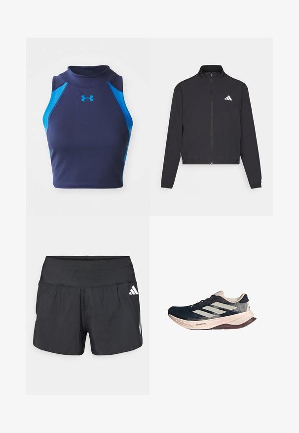 adidas Performance TRAIN ESSENTIALS 3 STRIPES WARM UP - Jakna za treniranje - black/white; Mornarsko plavi bezrukavni crop top od rebrastog materijala s plavim akcentima. Ima visoki izrez i Under Armour logotip sprijeda.; Crne sportske kratke hlače s širokim elastičnim pojasom, laganom tkaninom i bijelim logotipom na donjoj strani.; Tenisice za trčanje s tamnoplavom mrežastom gornjom partijom, svijetlosmešnim đonom i bijelim trostrukim prugama. Odlikuju se elegantnim, aerodinamičnim oblikom i teksturiranim detaljima.