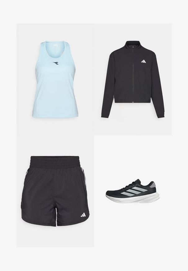adidas Performance TRAIN ESSENTIALS 3 STRIPES WARM UP - Træningsjakke - black/white; Lyseblå atletisk tanktop med en rundet udskæring, racerback-design og et mørkeblåt logo på forsiden. Lavet af glat, strækbart stof.; Sorte atletiske shorts med elastisk talje, sidelommer og hvid stribeaccent på siderne. Fremstillet af letvægtsmateriale.; Sort løbesko med mesh-overdel, tre sølvstriber, hvid mellemsål og struktureret ydersål. Har polstret krave og snørelukning.
