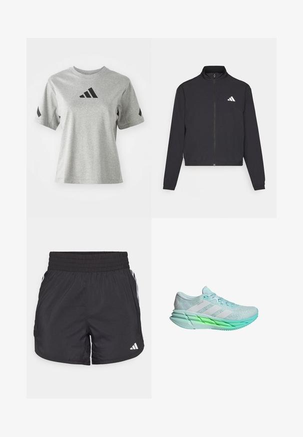 adidas Performance TRAIN ESSENTIALS 3 STRIPES WARM UP - Treningsjakke - black/white; Grå rundhalset t-skjorte laget av mykt stoff, med en svart Adidas-logo på brystet og svarte detaljer på ermene.; Svarte treningsshorts med elastisk midje, sidelommer og hvite stripeaksenter på sidene. Laget av lett materiale.; Lys blå løpesko med et teksturert mesh-overdel, tre hvite striper og en grønn-tonet såle. Har en polstret krage og flate snører.