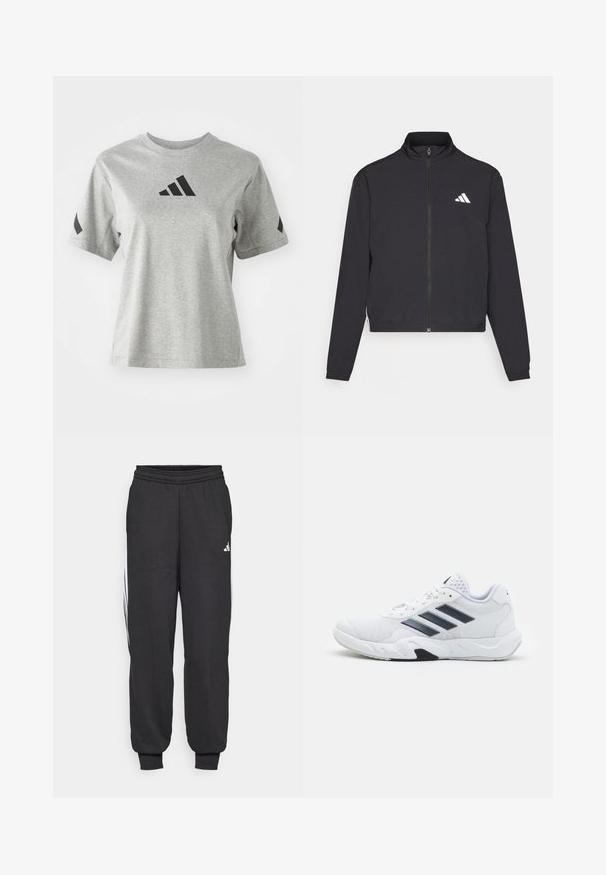 adidas Performance TRAIN ESSENTIALS 3 STRIPES WARM UP - Treniņjaka - black/white; Pelēks blūze ar apaļu kaklu, izgatavota no mīkstas auduma, ar melnu Adidas logotipu uz krūts un melniem akcentiem uz piedurknēm.; Melni sporta bikses ar elastīgu jostu, sašaurinātiem potīšu galiem un baltām sānu svītrām. Izgatavotas no mīksta auduma ar gludu tekstūru.; Baltā sporta apavi ar sietu augšdaļu, trīs melnām svītrām sānos, teksturētām akcentiem un izturīgu gumijas zoli ar kontrastējošu melnu daļu.
