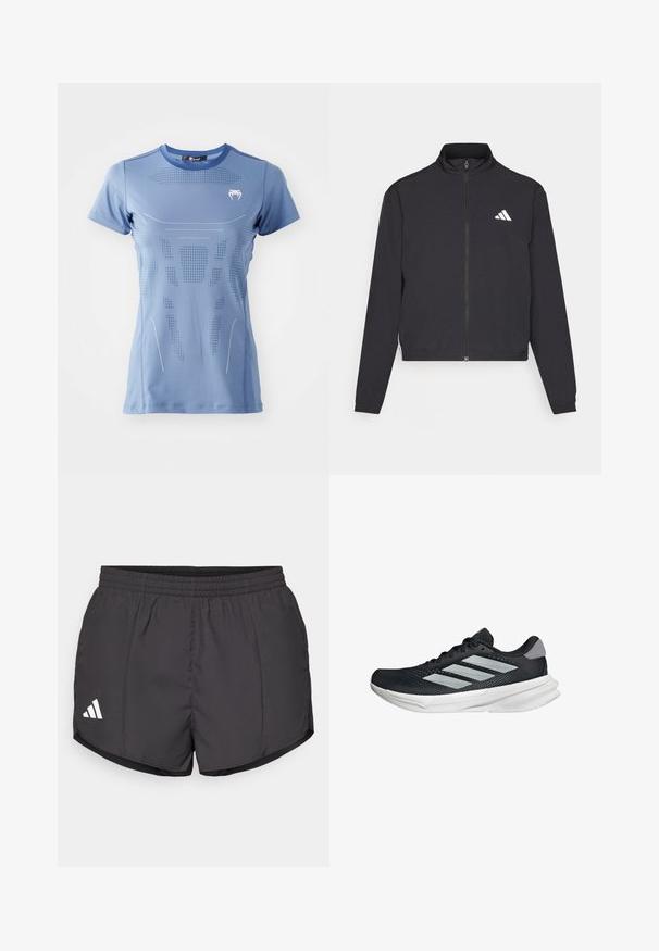 adidas Performance TRAIN ESSENTIALS 3 STRIPES WARM UP - Tréningová bunda - black/white; Svetlomodré športové tričko s krátkymi rukávmi, okrúhlym výstrihom, textúrovanými vzormi a reflexnými bielymi akcentmi. Mäkký, ľahký materiál.; Čierne športové šortky vyrobené z ľahkej látky, s elastickým pásom a bielym logom Adidas na dolnej ľavej strane.; Čierna behacia obuv s vrchnou časťou z priedušného materiálu, tromi striebornými pruhmi, bielou medzipodrážkou a textúrovanou podrážkou. Obsahuje polstrovaný golier a uzatváranie na šnúrky.