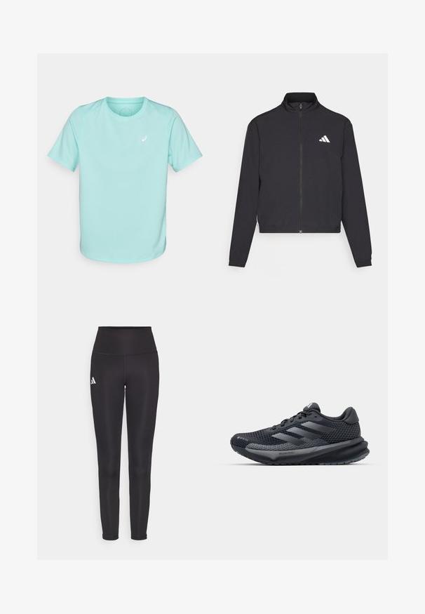 adidas Performance TRAIN ESSENTIALS 3 STRIPES WARM UP - Chaqueta de entrenamiento - black/white; Camiseta deportiva de manga corta en azul claro, hecha de tela que absorbe la humedad, con un pequeño logo blanco en el pecho y cuello redondo.; Leggings negros de cintura alta hechos de tejido elástico. Presenta un logo blanco en el lado izquierdo y un diseño elegante y sin costuras. Textura suave.; Zapatilla deportiva negra con parte superior de malla texturizada, acentos reflectantes, suela acolchada y un diseño aerodinámico. Presenta el logo de tres rayas.