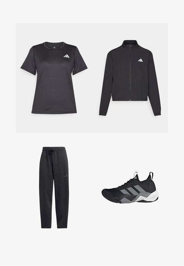 adidas Performance TRAIN ESSENTIALS 3 STRIPES WARM UP - Chaqueta de entrenamiento - black/white; Camiseta deportiva negra hecha de una tela suave y ligera. Presenta un escote redondo y mangas cortas con un logo blanco en el pecho.; Pantalones de chándal negros hechos de una tela suave, con una cintura elástica y cordón, piernas rectas y un logo discreto en el muslo.; Zapatilla deportiva negra con parte superior de malla transpirable, acentos grises, suela texturizada y tres distintivas franjas en el costado.
