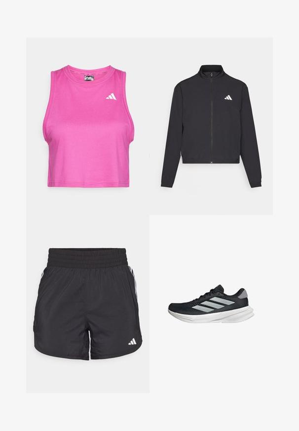 adidas Performance TRAIN ESSENTIALS 3 STRIPES WARM UP - Training jacket - black/white; Pink athletic crop top made of a smooth, stretchy fabric. Features a round neckline and a white logo on the left chest area.; Black athletic shorts with an elastic waistband, side pockets, and white stripe accents on the sides. Made of lightweight material.; Black running shoe with mesh upper, three silver stripes, white midsole, and textured outsole. Features padded collar and lace closure.