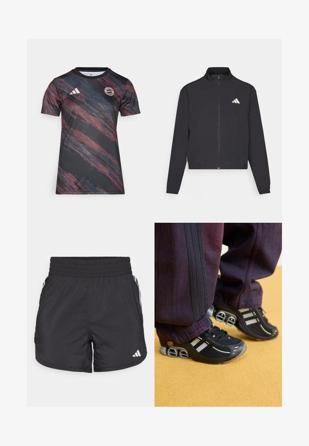 adidas Performance TRAIN ESSENTIALS 3 STRIPES WARM UP - Sportovní bunda - black/white; Černé sportovní tričko s abstraktními červenými a modrými pruhy, logem Adidas, kulatým výstřihem a emblémem Bayernu Mnichov. Vyrobeno z hladkého materiálu.; Černé sportovní šortky s elastickým pasem, bočními kapsami a bílými pruhy po stranách. Vyrobené z lehkého materiálu.; Černé sportovní boty se stříbrnými akcenty a texturovaným síťovaným svrškem. Tmavě fialové kalhoty s trojitými černými pruhy po stranách. Žlutý zemní povrch.