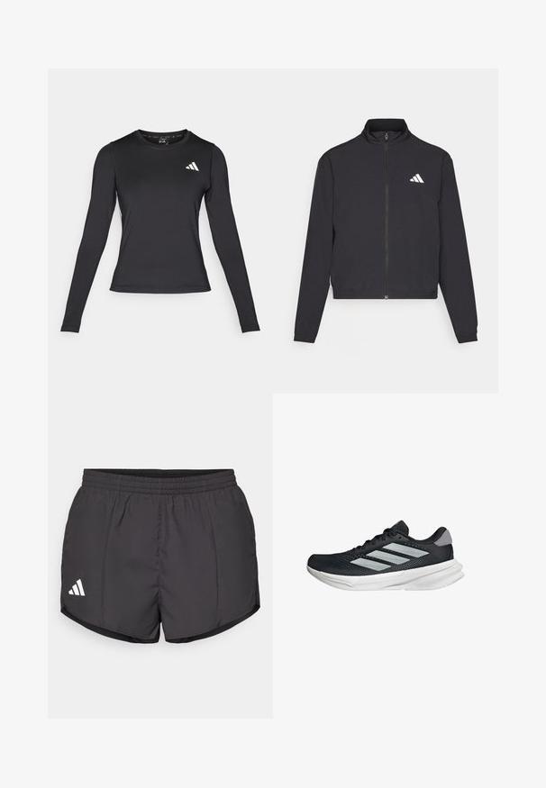 adidas Performance ESSENTIALS 3 STRIPES czarny; Czarna, długa koszulka sportowa z długim rękawem, wykonana z gładkiego, elastycznego materiału. Posiada białe logo na piersi. Dopasowany krój z okrągłym dekoltem.; Czarne szorty sportowe wykonane z lekkiego materiału, posiadające elastyczny pas i biały logo Adidas po lewej stronie na dole.; Czarny but biegowy z siateczkowym wierzchem, trzema srebrnymi paskami, białą podeszwą środkową i teksturowaną podeszwą zewnętrzną. Posiada wyściełany kołnierz i zapięcie na sznurówki.