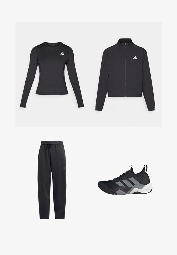 adidas Performance TRAIN ESSENTIALS 3 STRIPES WARM UP - Trainingsjacke - black/white; Schwarzes, langärmeliges Sportshirt aus glattem, elastischem Material. Mit weißem Logo auf der Brust. Enganliegendes Design mit rundem Ausschnitt.; Schwarze Sweatpants aus weichem Stoff, mit einem elastischen Bund und Kordelzug, geraden Beinen und einem dezenten Logo auf dem Oberschenkel.; Schwarzer Sportschuh mit einem atmungsaktiven Mesh-Obermaterial, grauen Akzenten, strukturiertem Sohlenprofil und drei markanten Streifen an der Seite.