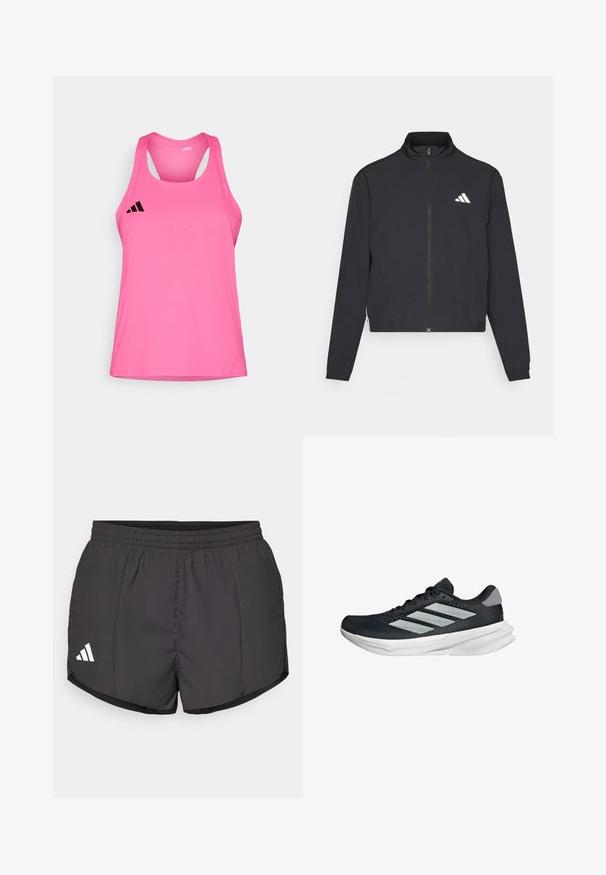 adidas Performance TRAIN ESSENTIALS 3 STRIPES WARM UP - Trainingsvest - black/white; Lichtgewicht roze sport tanktop met een ronde hals, racerback ontwerp en zwart logo op de bovenlinkerkant. Glad textuur.; Zwarte sport shorts gemaakt van lichtgewicht stof, met een elastische tailleband en een wit Adidas-logo aan de onderkant aan de linkerkant.; Zwarte hardloopschoen met een mesh bovenzijde, drie zilveren strepen, witte middenzool en een gestructureerde loopzool. Heeft een gevoerde kraag en een vetersluiting.