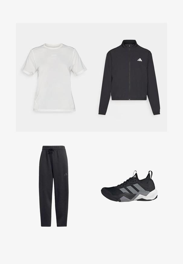 adidas Performance TRAIN ESSENTIALS 3 STRIPES WARM UP - Bluză de trening - black/white; Tricou athletic din plasă alb, cu mâneci scurte, guler rotund și mic logo "Salomon" centrat pe piept.; Pantaloni de trening negri, dintr-un material moale, cu un tiv elastic dotat cu șnur, picioare drepte și un logo discret pe coapsă.; Pantoful sportiv negru cu un superior din plasă respirabilă, accente gri, talpă texturată și trei dungi distinctive pe lateral.