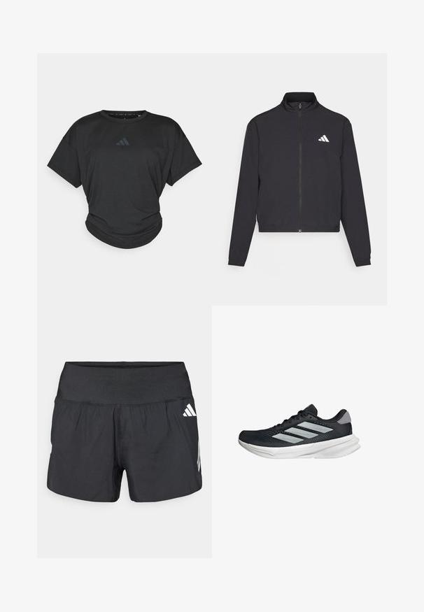 adidas Performance TRAIN ESSENTIALS 3 STRIPES WARM UP - Trainingsjacke - black/white; Schwarzes Sport-T-Shirt mit kurzen Ärmeln, rundem Halsausschnitt und leicht gerafftem Saum. Verfügt über ein dezentes dunkles Logo auf der Brust.; Schwarze Sportshorts mit einem breiten elastischen Bund, leichtem Stoff und weißen Logoakzenten an der unteren Seite.; Schwarzer Laufschuh mit Mesh-Obermaterial, drei silbernen Streifen, weißer Zwischensohle und strukturiertem Außensohle. Verfügt über einen gepolsterten Schaft und eine Schnürung.