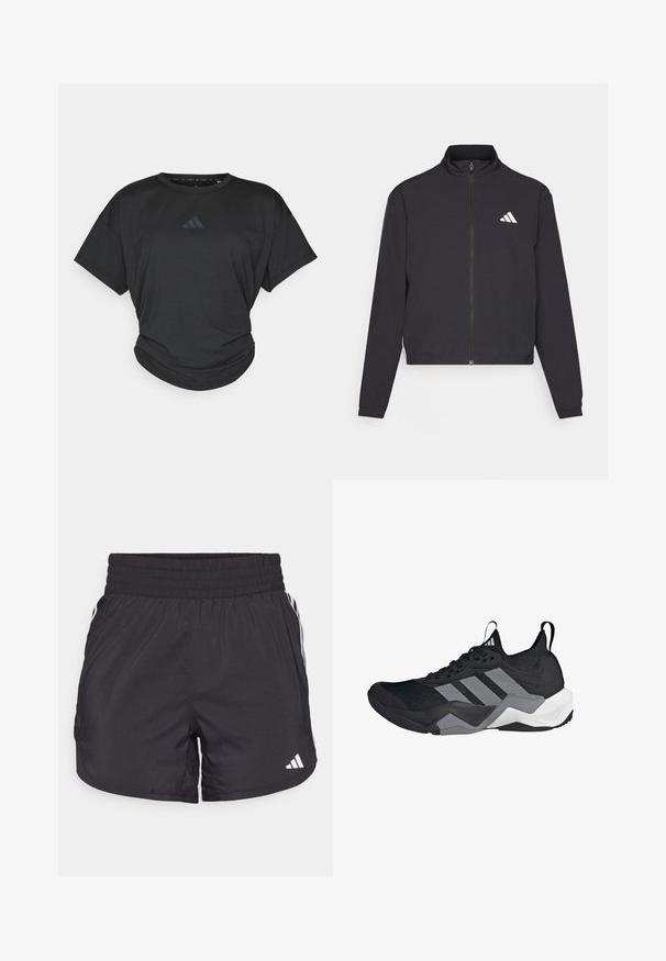 adidas Performance TRAIN ESSENTIALS 3 STRIPES WARM UP - Jakna za treniranje - black/white; Crna atletska majica s kratkim rukavima, okruglim izrezom i blago nabranu donjem rubu. Ima suptilan tamni logotip na prsima.; Crne atletske kratke hlače s elastičnom trakom u struku, bočnim džepovima i bijelim prugama sa strane. Izrađene su od laganog materijala.; Crne sportske tenisice s prozračnom mrežastom gornjom stranom, sivim naglascima, teksturiranim đonom i tri prepoznatljive pruge sa strane.