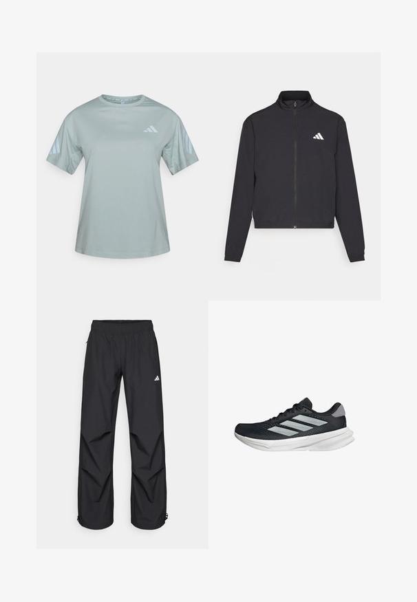 adidas Performance TRAIN ESSENTIALS 3 STRIPES WARM UP - Sportovní bunda - black/white; Světlé zelené atletické tričko z prodyšného materiálu odvádějícího vlhkost. Má kulatý výstřih a tři vodorovné pruhy na každém rukávu.; Černé, lehké, voděodolné kalhoty s elastickým pasem, bočními kapsami a nastavitelnými manžetami. Na levém stehně je bílá značka.; Černé běžecké boty s vrchní částí z prodyšné síťoviny, třemi stříbrnými pruhy, bílou mezipodešví a texturovanou podešví. Obsahují polstrovaný límec a šněrování.