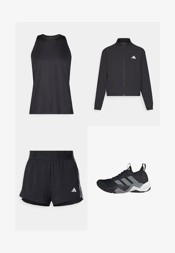 adidas Performance ESSENTIALS 3 STRIPES czarny; Czarna bezrękawnik sportowy wykonany z gładkiego, lekkiego materiału. Posiada okrągły dekolt i płaskie szwy dla komfortu.; Czarne sportowe szorty z elastycznym paskiem w talii, z teksturowanym pasem, bocznymi paskami oraz białym logo Adidas na dolnym brzegu.; Czarny but sportowy z oddychającą siateczką, szarymi akcentami, teksturowaną podeszwą i trzema charakterystycznymi paskami po boku.