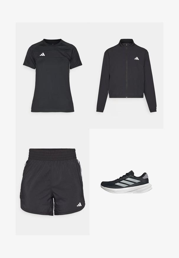 adidas Performance TRAIN ESSENTIALS 3 STRIPES WARM UP - Verryttelytakki - black/white; Mustapohjainen urheilupaita, joka on valmistettu kevyestä kankaasta. Siinä on pyöreä kaula-aukko, lyhyet hihat ja kolme valkoista raitaa logona vasemmassa yläkulmassa.; Mustat urheilushortsit, joissa on joustava vyötärö, sivutaskut ja valkoiset raidat sivuilla. Valmistettu kevyestä materiaalista.; Musta juoksukenkä, jossa on verkko-osa ylhäällä, kolme hopeista raitaa, valkoinen välipohja ja teksturoitu pohja. Varustettu pehmustetulla nilkkaremmeillä ja nauhakiinnityksellä.