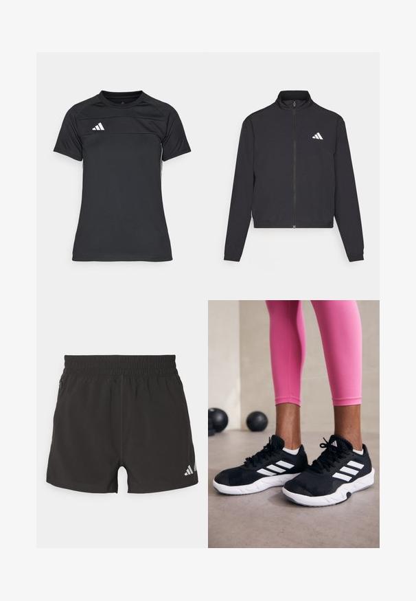 adidas Performance ESSENTIALS 3 STRIPES czarny; Czarna koszulka sportowa wykonana z lekkiego materiału. Posiada okrągły dekolt, krótkie rękawy oraz trzy białe paski logo na górnej lewej stronie.; Czarne sportowe szorty wykonane z lekkiego materiału. Posiadają elastyczny pasek w talii, boczną kieszeń na zamek błyskawiczny oraz odblaskowe logo na dolnym brzegu.; Czarne sportowe buty z białymi paskami, teksturowana siateczkowa cholewka i biała podeszwa. Nosi je osoba w różowych legginsach, prezentując odzież treningową.