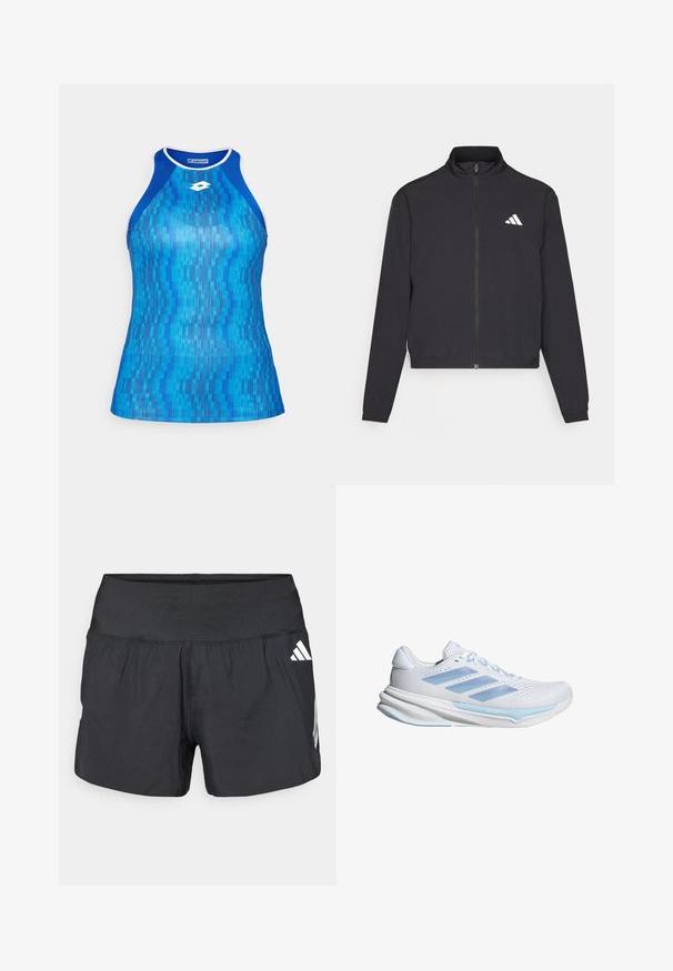 adidas Performance TRAIN ESSENTIALS 3 STRIPES WARM UP - Tréningová bunda - black/white; Modrý športový tielko s geometrickým vzorom v rôznych odtieňoch modrej. Obsahuje strih s pretekárskym chrbtom a biele akcenty okolo výstrihu.; Čierne atletické šortky s širokým elastickým pásom, ľahkým materiálom a bielymi logami na dolnej strane.; Biele bežecké topánky s svetlomodrými detailmi, priedušný zvršok z textilu, dizajn s tromi pruhmi, polstrovaná podrážka a textúrovaná vonkajšia podrážka pre lepšiu trakciu.