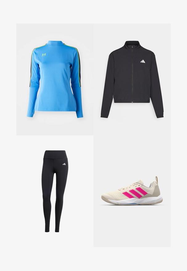 adidas Performance TRAIN ESSENTIALS 3 STRIPES WARM UP - Casaco de treino - black/white; Top atlético de manga longa azul claro com gola alta. Apresenta riscas pretas e verdes neon nos ombros. Tecido suave e elástico.; Leggings pretas feitos de material elástico, com uma cintura alta e um pequeno logótipo branco, com um acabamento suave e mate.; Sapata atlética bege com logotipo de três riscas cor-de-rosa, parte superior em malha texturizada, colarinho acolchoado e sola de borracha branca, apresentando a marca "LIGHTSTRIKE".