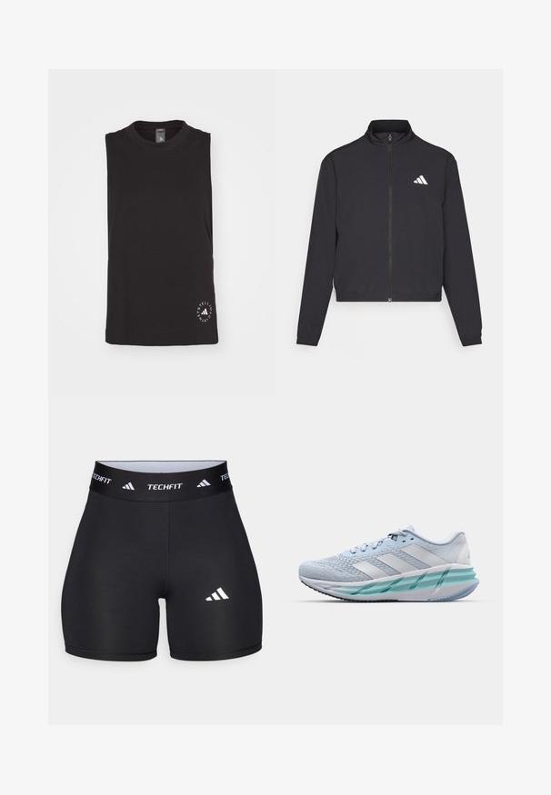 adidas Performance TRAIN ESSENTIALS 3 STRIPES WARM UP - Training jacket - black/white; Black sleeveless top made of soft cotton, featuring a crew neckline and a circular logo in white at the bottom right.; Black shorts made from stretchy fabric with a fitted design. Features a wide black waistband labeled "TECHFIT" and a white logo on the leg.; Light blue athletic shoes with a textured knit upper, white accents, and a transparent green midsole. Rounded toe and padded collar.