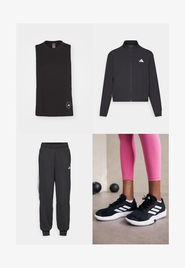 adidas Performance TRAIN ESSENTIALS 3 STRIPES WARM UP - Training jacket - black/white; Black sleeveless top made of soft cotton, featuring a crew neckline and a circular logo in white at the bottom right.; Black athletic pants with an elastic waistband, tapered ankles, and white side stripes. Made of soft fabric with a smooth texture.; Black athletic shoes with white stripes, textured mesh upper, and a white sole. Worn with pink leggings, showcasing training apparel.