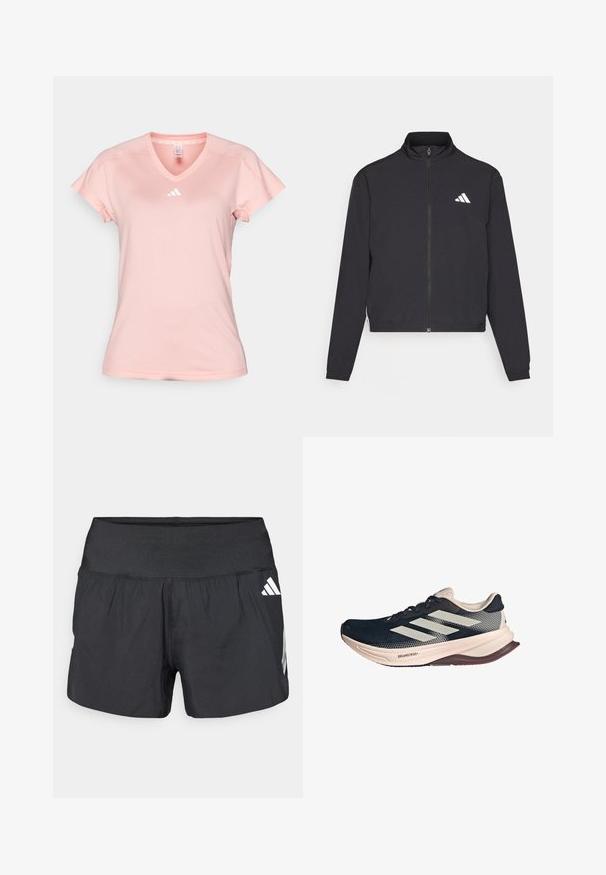 adidas Performance TRAIN ESSENTIALS 3 STRIPES WARM UP - Verryttelytakki - black/white; adidas Performance Tekninen t-paita - semi pink spark; Musta urheilushortsit, joissa on leveä joustava vyötärönauha, kevyt kangas ja valkoiset logokoristeet alaosassa sivulla.; Juoksukengät tummansinisellä verkkopäällisin, vaaleanbeige pohja ja valkoinen kolmonauha design. Ominaisuuksina viehättävä, aerodynaaminen muoto ja teksturoitu yksityiskohta.