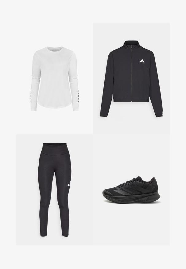 adidas Performance TRAIN ESSENTIALS 3 STRIPES WARM UP - Trainingsjacke - black/white; Weißes Langarmshirt mit Rundhalsausschnitt. Schlanker Schnitt und glatte Textur, mit schwarzem Drucktext auf dem linken Ärmel.; Schwarze, hoch taillierte Leggings aus glattem, elastischem Material, mit einem weißen Logo auf der linken Seite. Figurbetontes Design ohne Muster.; Schwarzer Laufschuh mit einem atmungsaktiven Mesh-Obermaterial, runder Zehenpartie, schlankem Design, strukturierten Akzenten und einer gepolsterten Sohle für Komfort.