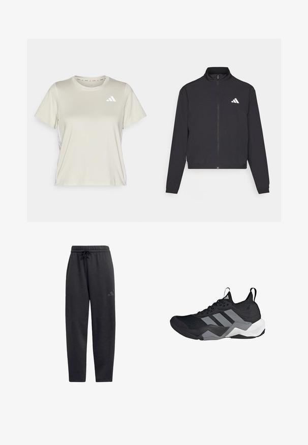 adidas Performance TRAIN ESSENTIALS 3 STRIPES WARM UP - Giacca sportiva - black/white; adidas Performance TRAIN ESSENTIALS 3STRIPES WORKOUT - T-Shirt sport - alumina/white; Pantaloni felpati neri realizzati in morbido tessuto, dotati di un elastico in vita con cordino, gambe dritte e un logo discreto sulla coscia.; Scarpa sportiva nera con una tomaia in mesh traspirante, dettagli grigi, suola texturizzata e tre strisce distintive di lato.