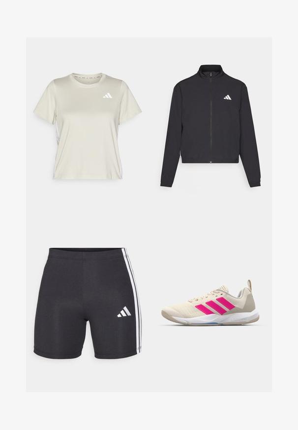 adidas Performance TRAIN ESSENTIALS 3 STRIPES WARM UP - Casaco de treino - black/white; adidas Performance TRAIN ESSENTIALS 3STRIPES WORKOUT - T-shirt desportiva - alumina/white; Calções atléticos pretos feitos de tecido elástico, com riscas laterais brancas e um logótipo da Adidas na parte inferior da perna direita. Textura suave.; Sapata atlética bege com logotipo de três riscas cor-de-rosa, parte superior em malha texturizada, colarinho acolchoado e sola de borracha branca, apresentando a marca "LIGHTSTRIKE".