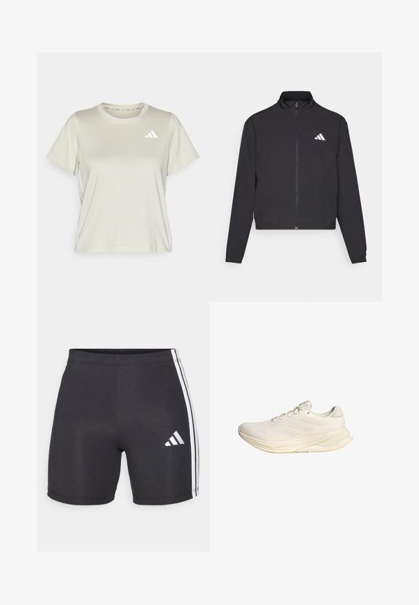 adidas Performance TRAIN ESSENTIALS 3 STRIPES WARM UP - Treningsjakke - black/white; adidas Performance TRAIN ESSENTIALS 3STRIPES WORKOUT - T-skjorte til trening - alumina/white; Svarte treningsshorts laget av elastisk stoff, med hvite sidestroppene og et Adidas-logo på den nederste høyre benet. Glatt tekstur.; Lys beige treningsko med mesh-overdel, flate snøring og polstret såle. Har tre striper design på siden.