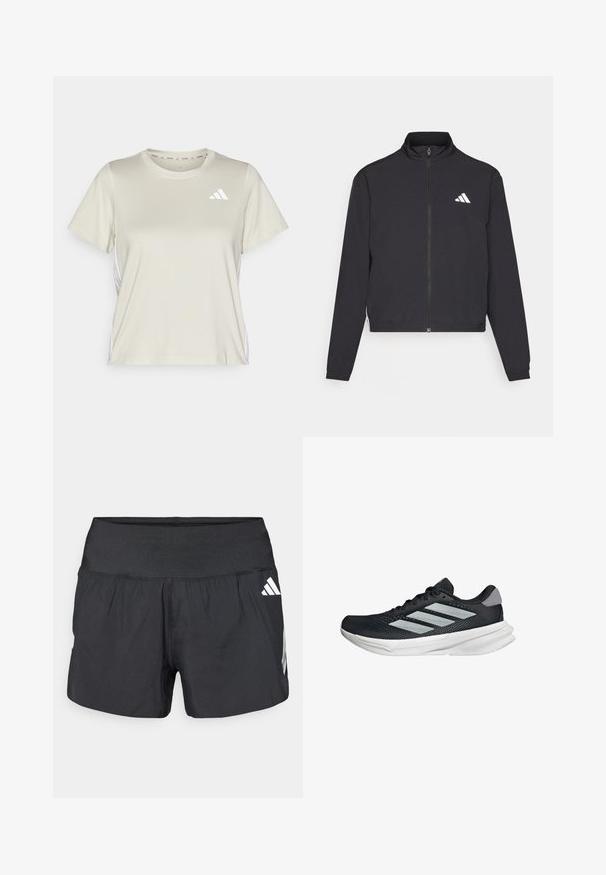 adidas Performance TRAIN ESSENTIALS 3 STRIPES WARM UP - Training jacket - black/white; adidas Performance TRAIN ESSENTIALS 3STRIPES WORKOUT - Sports T-shirt - alumina/white; Black athletic shorts featuring a wide elastic waistband, lightweight fabric, and white logo accents on the lower side.; Black running shoe with mesh upper, three silver stripes, white midsole, and textured outsole. Features padded collar and lace closure.