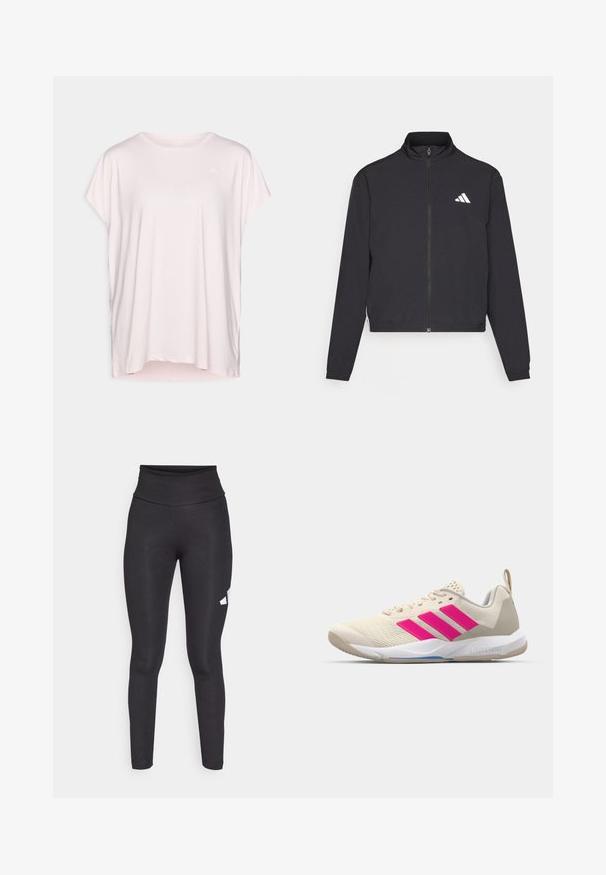 adidas Performance TRAIN ESSENTIALS 3 STRIPES WARM UP - Casaco de treino - black/white; T-shirt de mangas curtas rosa claro, feita de tecido suave, com decote redondo e um corte solto, apresentando fendas laterais para maior conforto.; Leggings pretos de cintura alta feitos de um tecido liso e elástico, com um logo branco no lado esquerdo. Design ajustado sem padrões.; Sapata atlética bege com logotipo de três riscas cor-de-rosa, parte superior em malha texturizada, colarinho acolchoado e sola de borracha branca, apresentando a marca "LIGHTSTRIKE".