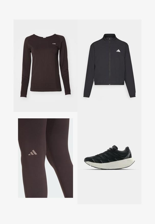 adidas Performance TRAIN ESSENTIALS 3 STRIPES WARM UP - Verryttelytakki - black/white; Ruskea pitkähihainen paita, joka on valmistettu sileästä kankaasta. Siinä on pyöreä pääntie ja pieni valkoinen logo rinnassa.; Mustat urheiluleggingsit, joissa on sileä pinta, ja joissa on huomaamaton ruskea Adidas-logo reisissä sekä vahvistetut ompelupisteet.; Musta urheilukenkä, jossa on teksturoitu yläosa, useita harmaita korostuksia ja paksu valkoinen välipohja. Kevyt muotoilu hengittävästä materiaalista.