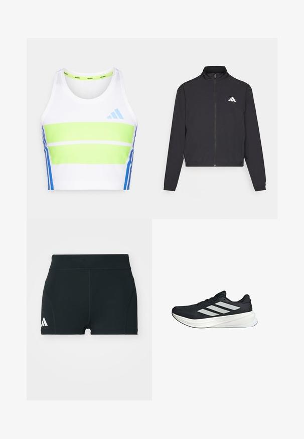 adidas Performance TRAIN ESSENTIALS 3 STRIPES WARM UP - Training jacket - black/white; White athletic crop top with green and blue horizontal stripes. Features a round neckline and blue accent details on the sides.; Black athletic shorts made of stretchy fabric, featuring a high waistband, fitted shape, and white Adidas logo on the left side.; Black athletic shoe with a textured upper, featuring three white stripes on the side and a white midsole. Lightweight design, streamlined shape.
