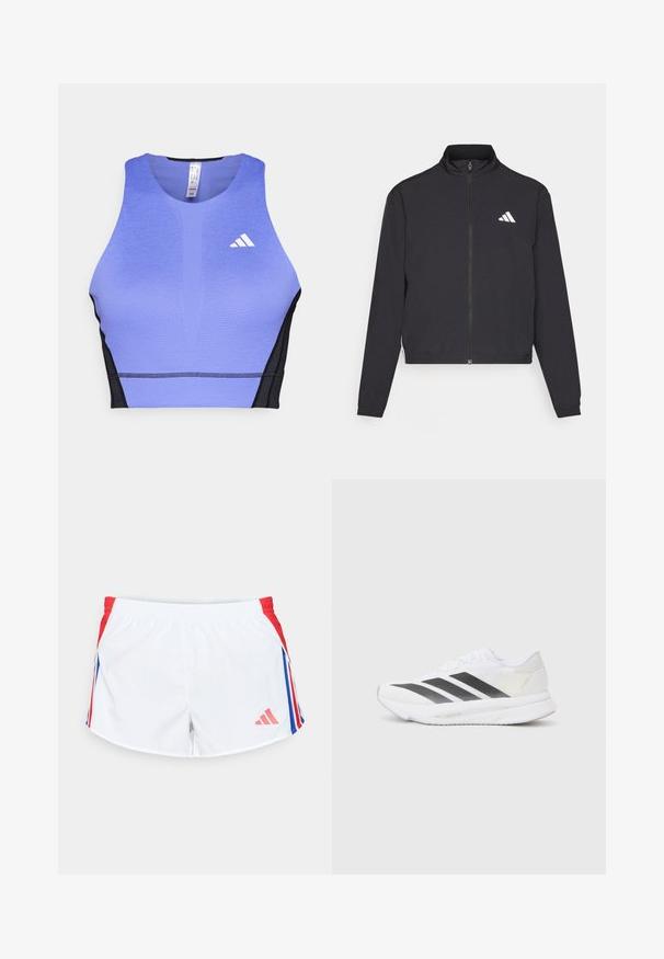 adidas Performance TRAIN ESSENTIALS 3 STRIPES WARM UP - Trainingsjacke - black/white; Lila Sport-Bh mit strukturiertem Oberflächen, schwarzen Seitenpanelen und einem weißen Logo auf der linken Brust. Sportliches Design mit rundem Ausschnitt.; Weiße Sportshorts mit roten Seitenpaneelen und blauen Streifen. Elastischer Bund und Logo auf der unteren linken Seite. Glatte Stoffoberfläche.; Weißer Sportschuh mit schwarzen diagonalen Streifen, Mesh-Obermaterial, abgerundetem Zehenbereich und strukturiertem Profil. Akzente sind ein silberner Heel und ein minimalistisches Design.