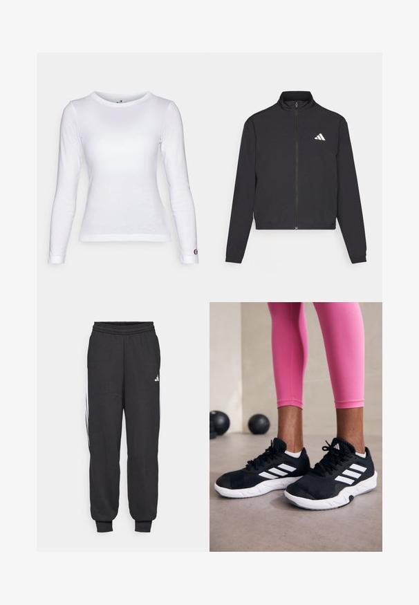 adidas Performance TRAIN ESSENTIALS 3 STRIPES WARM UP - Træningsjakke - black/white; Champion ICONS LONG SLEEVE - Langærmet T-shirt - wihte; Sorte træningsbukser med elastisk talje, indsnævrede ankler og hvide sidelister. Lavet af blødt stof med en glat tekstur.; Sorte sportssko med hvide striber, tekstureret mesh-overdel og en hvid sål. Bæres med pink leggings, der fremhæver træningstøj.