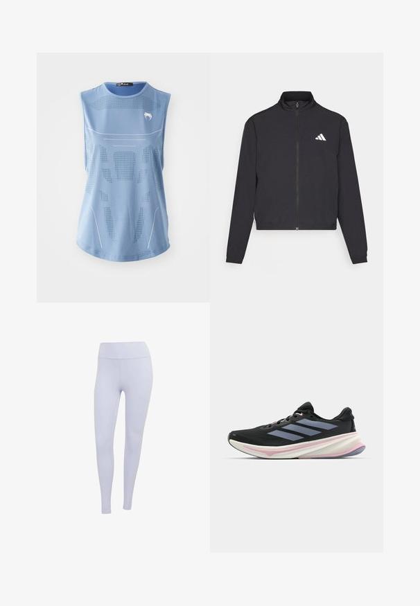 adidas Performance TRAIN ESSENTIALS 3 STRIPES WARM UP - Training jacket - black/white; Light blue sleeveless athletic top made of smooth fabric, featuring perforated designs and white accents. Tag at the neckline reads "Small."; Light purple leggings made of stretchy fabric. High-waisted design with a smooth texture and no visible seams or patterns.; Black running shoe with mesh upper, light purple accents, and three horizontal gray stripes. Features a cushioned sole for comfort.