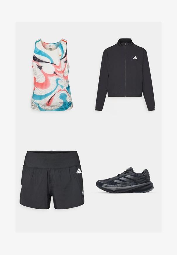 adidas Performance TRAIN ESSENTIALS 3 STRIPES WARM UP - Training jacket - black/white; Sleeveless athletic tank top made of breathable mesh fabric. Features abstract patterns in pink, blue, and black against a white background.; Black athletic shorts featuring a wide elastic waistband, lightweight fabric, and white logo accents on the lower side.; Black athletic shoe with a textured mesh upper, reflective accents, cushioned sole, and a streamlined design. Features three stripe logo.