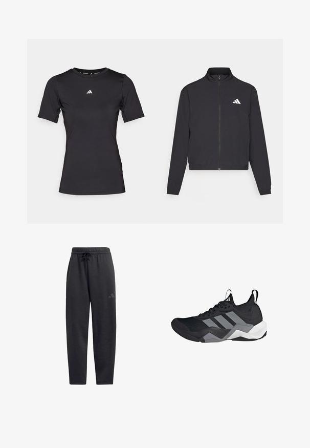 adidas Performance TRAIN ESSENTIALS 3 STRIPES WARM UP - Tréningová bunda - black/white; Čierne športové tričko s krátkym rukávom vyrobené z elastického materiálu. Má okrúhly výstrih a malé biele logo na prsiach.; Čierne tepláky vyrobené z mäkkej látky, s elastickým pásom na sťahovanie, rovnými nohavicami a diskrétnym logom na stehne.; Čierna športová obuv s priedušným sieťovaným zvrškom, šedými akcentmi, textúrovanou podrážkou a tromi výraznými pruhmi po boku.