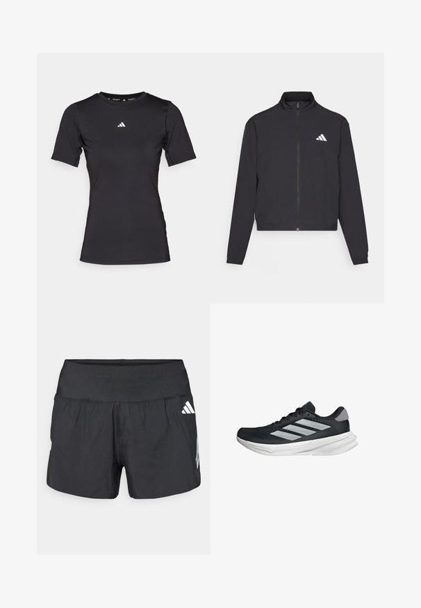 adidas Performance TRAIN ESSENTIALS 3 STRIPES WARM UP - Sportovní bunda - black/white; Černé sportovní tričko s krátkým rukávem vyrobené z elastické tkaniny. Má kulatý výstřih a malé bílé logo na hrudi.; Černé sportovní šortky s širokým elastickým pasem, lehkou tkaninou a bílými logy na dolní straně.; Černé běžecké boty s vrchní částí z prodyšné síťoviny, třemi stříbrnými pruhy, bílou mezipodešví a texturovanou podešví. Obsahují polstrovaný límec a šněrování.