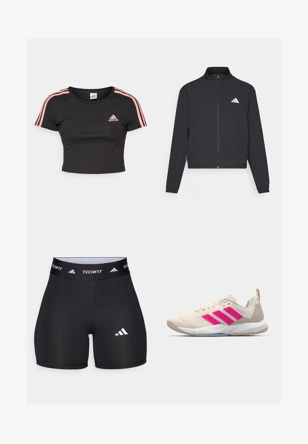 adidas Performance TRAIN ESSENTIALS 3 STRIPES WARM UP - Treningsjakke - black/white; adidas Sportswear ESSENTIALS 3 STRIPES BABY - T-shirts med print - black/semi pink spark; Svart shorts laget av elastisk stoff med en tettsittende design. Har en bred svart midjebånd merket "TECHFIT" og en hvit logo på benet.; Beige atletik sko med rosa tre-stripes logo, teksturert mesh-overdel, polstret krage og hvit gummisåle, med "LIGHTSTRIKE" merke.