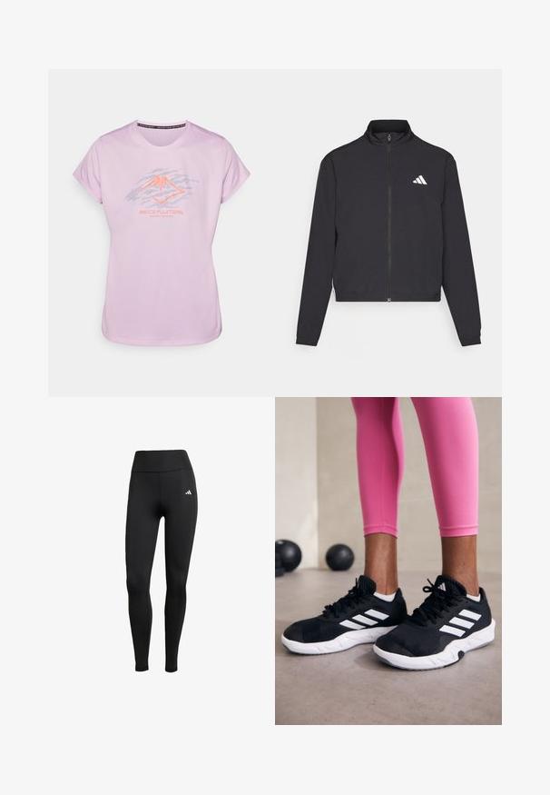 adidas Performance ESSENTIALS 3 STRIPES czarny; Jasnoróżowa koszulka sportowa z graficznym logo góry w ciemnoszarym i neonowym pomarańczowym kolorze. Krótkie rękawy, okrągły dekolt, gładka tekstura.; Czarne legginsy sportowe z wysokim stanem. Wykonane z elastycznej tkaniny, z białym logo umieszczonym w górnym lewym rogu.; Czarne sportowe buty z białymi paskami, teksturowana siateczkowa cholewka i biała podeszwa. Nosi je osoba w różowych legginsach, prezentując odzież treningową.