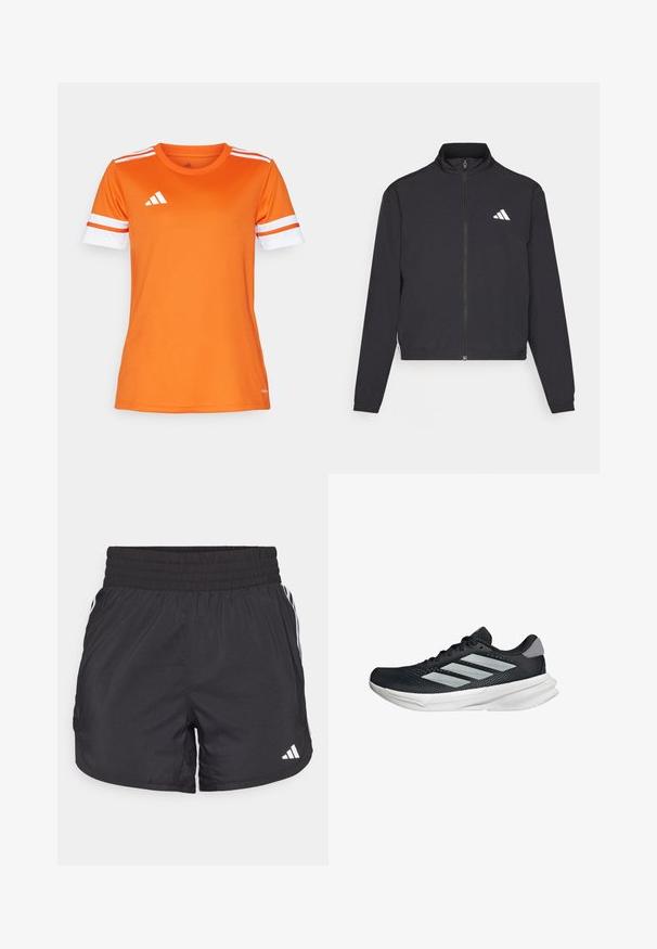 adidas Performance ESSENTIALS 3 STRIPES czarny; Pomarańczowa koszulka sportowa z białymi i pomarańczowymi paskami na rękawach, wykonana z gładkiego materiału. Posiada białe logo Adidas na piersi.; Czarne spodenki sportowe z elastycznym paskiem w talii, bocznymi kieszeniami oraz białymi akcentami wzdłuż boków. Wykonane z lekkiego materiału.; Czarny but biegowy z siateczkowym wierzchem, trzema srebrnymi paskami, białą podeszwą środkową i teksturowaną podeszwą zewnętrzną. Posiada wyściełany kołnierz i zapięcie na sznurówki.