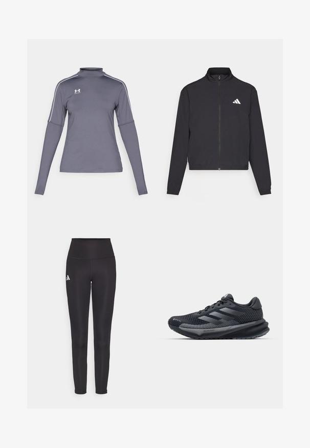 adidas Performance TRAIN ESSENTIALS 3 STRIPES WARM UP - Verryttelytakki - black/white; Pitkähihainen harmaa urheiluvalma, jossa on korkea kaulus, valkoiset yksityiskohdat hartioissa ja Under Armour -logo vasemmalla rinnassa. Materiaali on sileä.; Musta korkeavyötäröinen legginssit joustavasta kankaasta. Vasemmalla puolella valkoinen logo ja tyylikäs, saumaton muotoilu. Silkkinen pinta.; Musta urheilusandaali, jossa on teksturoitu verkkopinta, heijastavat yksityiskohdat, pehmustettu pohja ja virtaviivainen muotoilu. Varustettu kolmella raidalla logolla.