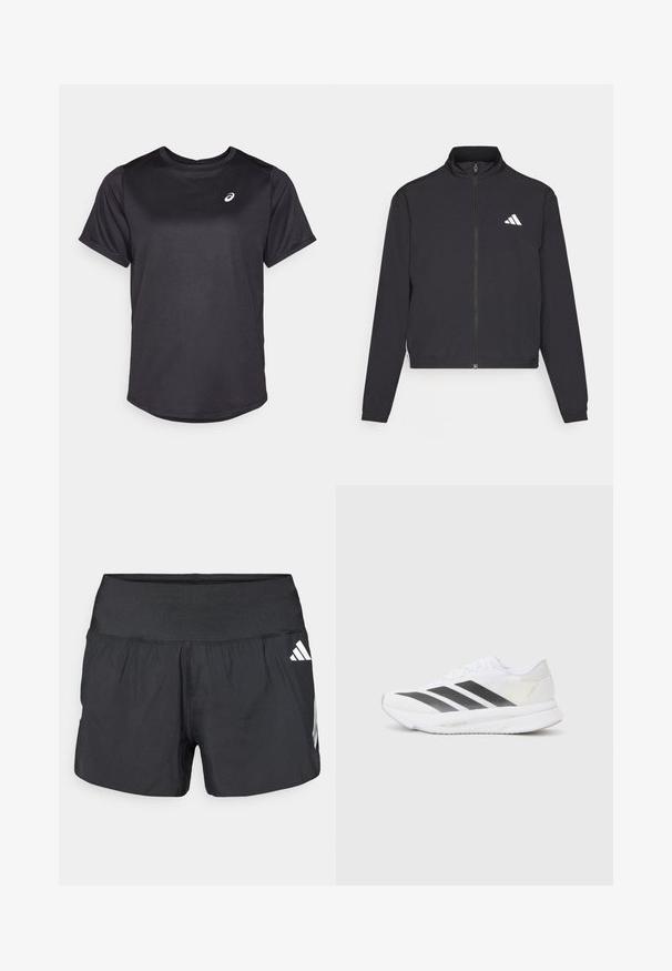 adidas Performance TRAIN ESSENTIALS 3 STRIPES WARM UP - Trainingsvest - black/white; Zwarte sportieve T-shirt gemaakt van glad, vochtregulerend materiaal. Heeft een ronde hals en korte mouwen. Logo in het wit op de linkerborst.; Zwarte sportshorts met een brede elastische tailleband, lichtgewicht stof en witte logo-accenten aan de onderkant zijkant.; Witte sportschoen met zwarte diagonale strepen, bovenwerk van gaas, ronde neus en gestructureerde zool. Accenten zijn onder andere een zilveren hak en een minimalistisch ontwerp.