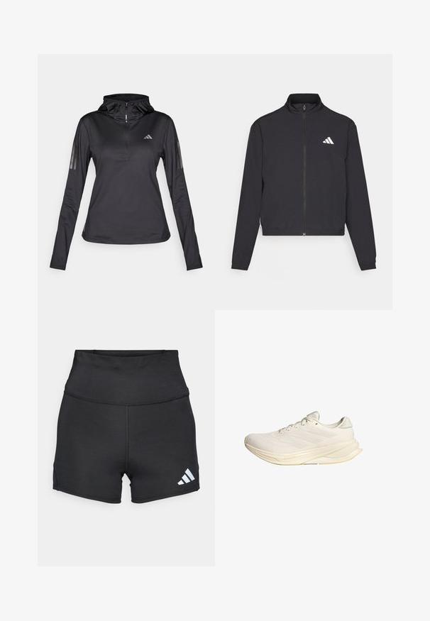 adidas Performance TRAIN ESSENTIALS 3 STRIPES WARM UP - Training jacket - black/white; Black long-sleeve athletic hoodie with quarter zipper, textured fabric, adjustable hood, and reflective stripes on sleeves. Features logo on chest.; adidas Performance Leggings - black; Light beige athletic shoe with a mesh upper, flat laces, and a cushioned sole. Features three stripes design on the lateral side.