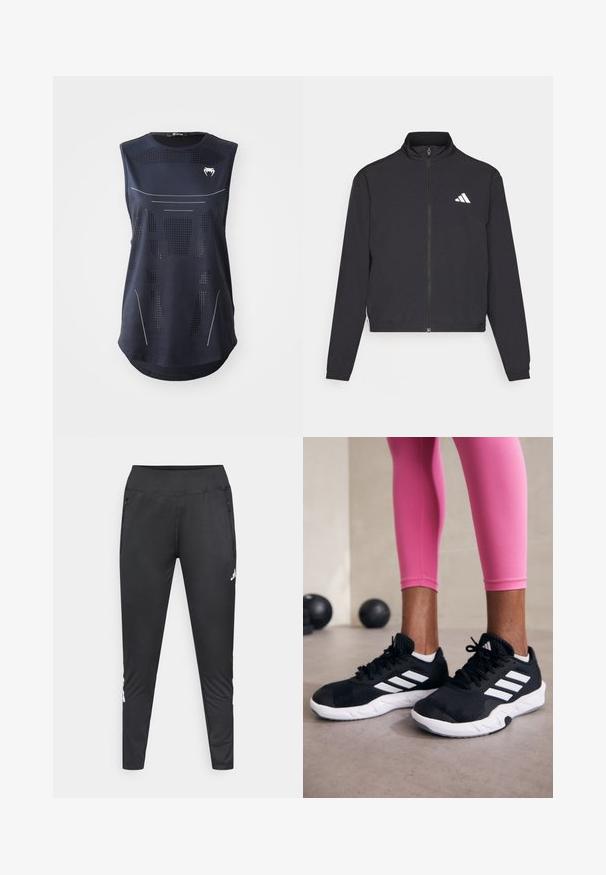 adidas Performance TRAIN ESSENTIALS 3 STRIPES WARM UP - Chaqueta de entrenamiento - black/white; Top atlético sin mangas en tejido azul marino. Presenta perforaciones de malla y líneas de acento blancas. Dobladillo curvado y un logotipo en el pecho. Talla: pequeña.; Pantalones deportivos negros hechos de tela elástica, con un diseño ajustado, dos bolsillos laterales con cremallera y un detalle de logo en la parte inferior de la pierna.; Zapatillas deportivas negras con rayas blancas, parte superior de malla texturizada y suela blanca. Combinadas con leggings rosa, exhibiendo ropa de entrenamiento.
